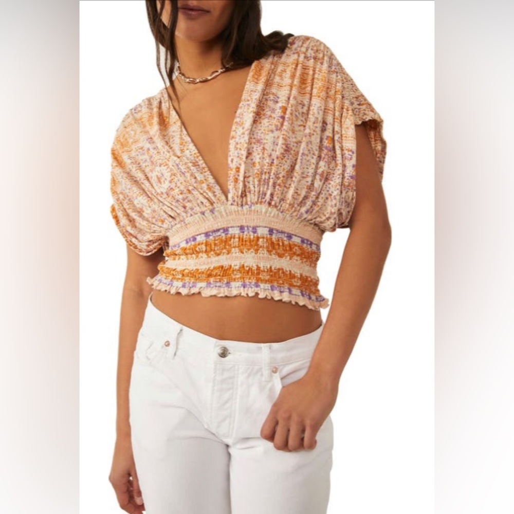 Free People Smocked Elastic V-Neck Blouse In Ivory Combo Size Large NEW